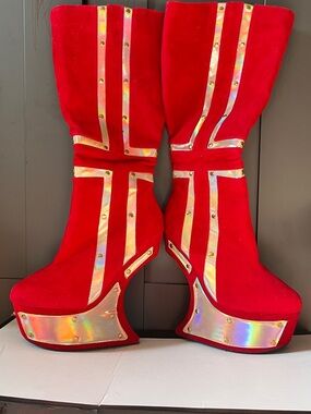 Red Holographic Accent Platform Boots - Women